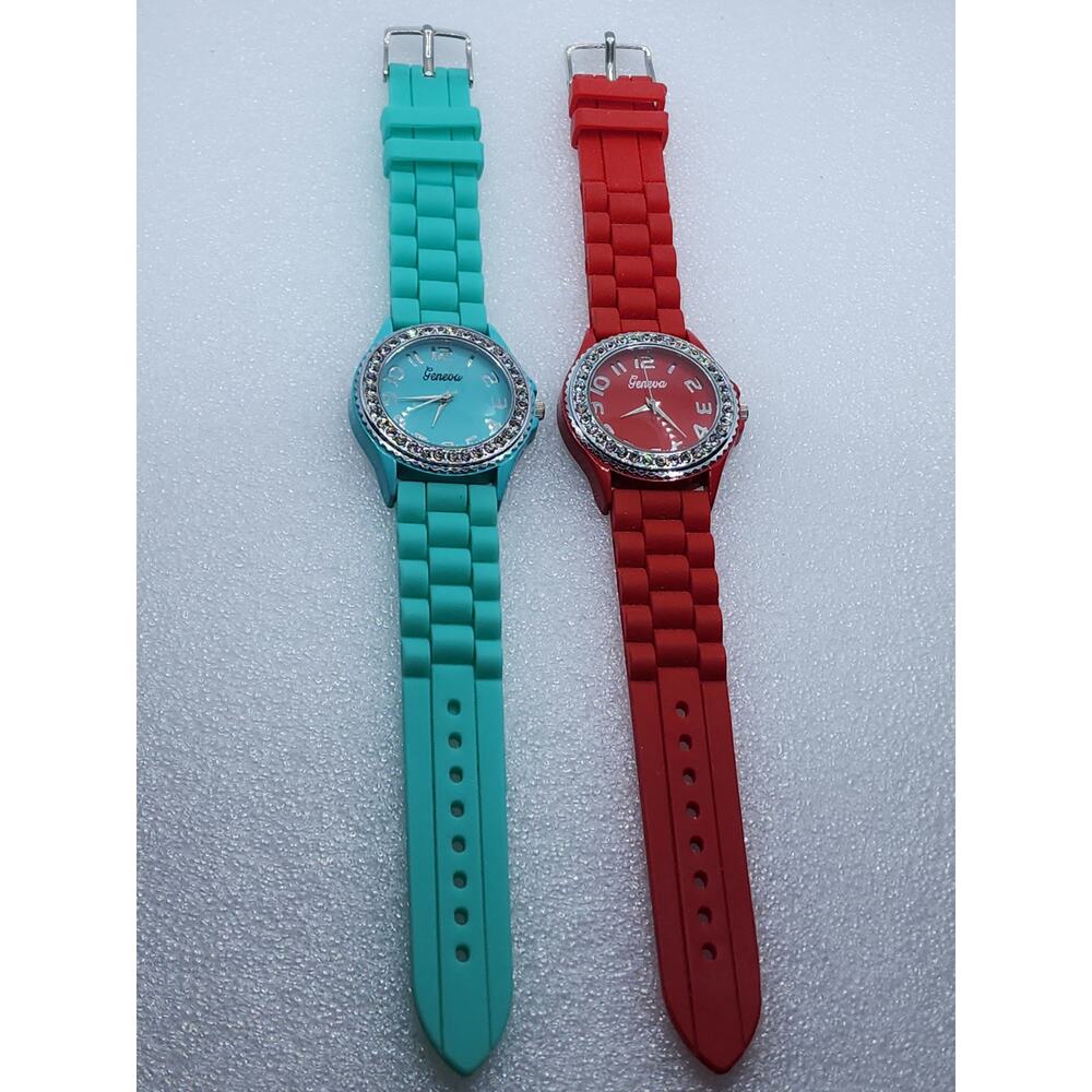 Crystal Gem accent Bling Iced Red Turquoise Blue/Green 2 watch lot Xmas bundle - Picture 6 of 7